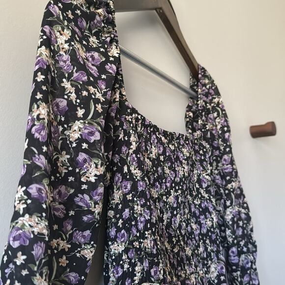 ASTR RUCHED SWEETHEART 3/4 SLEEVE ASYMMETRICAL BLACK PURPLE DITSY DRESS SM - Picture 3 of 7